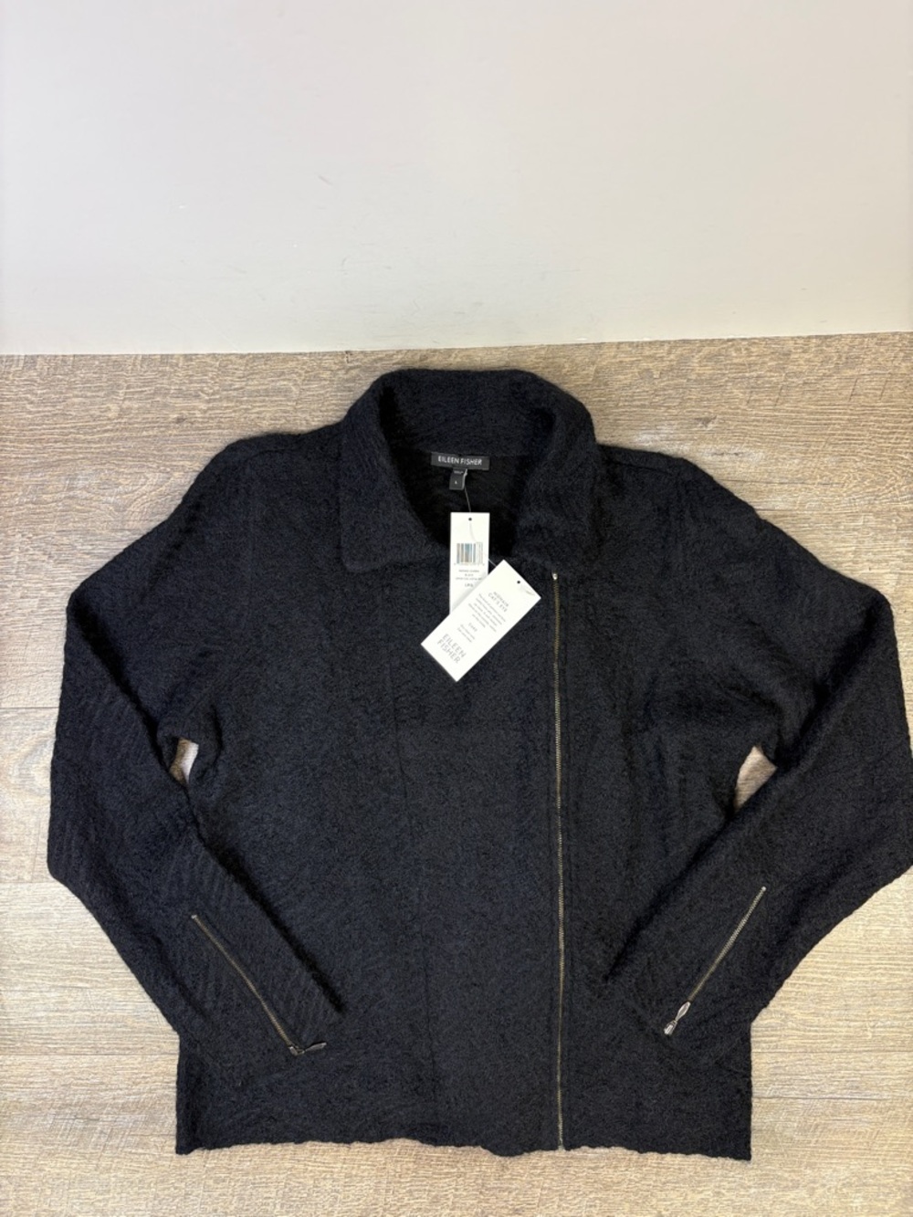 Eileen Fisher Black Mohair Cat’s Eye Blend Asymmetrical Zip Jacket L NWT Luxe